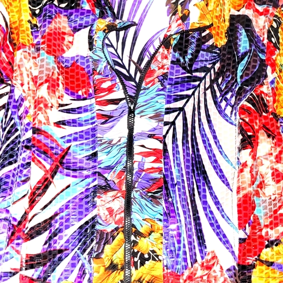 LINEER Jacket XL Multi Color Tropical Print with Shine Rouching Detail - Picture 3 of 9